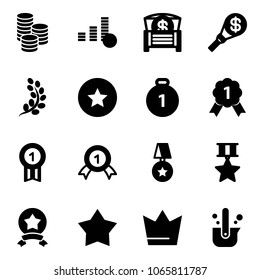 Solid vector icon set - coin vector, money chest, torch, golden branch, star medal, gold, crown, casting of steel