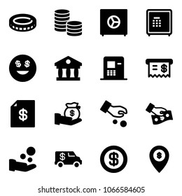 Solid vector icon set - coin vector, safe, dollar smile, bank, atm, receipt, account statement, investment, cash pay, encashment car, map pin