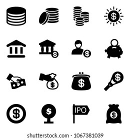 Solid vector icon set - coin vector, dollar sun, bank, account, piggy, cash pay, encashment, purse, money torch, tree, ipo, bag