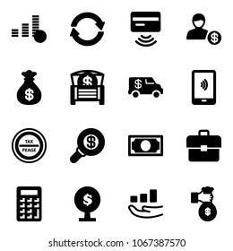 Solid vector icon set - coin vector, exchange, tap pay, account, money bag, chest, encashment car, mobile payment, tax peage road sign, search, portfolio, calculator, tree, growth, rich