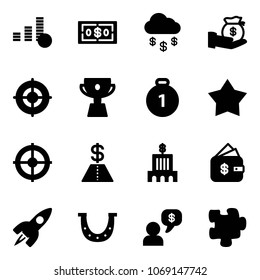 Solid vector icon set - coin vector, dollar, money rain, investment, target, cup, gold medal, star, bank building, finance management, rocket, luck, dialog, puzzle