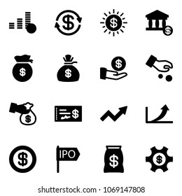 Solid vector icon set - coin vector, dollar exchange, sun, account, money bag, investment, encashment, check, growth arrow, ipo, managemet