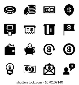 Solid vector icon set - coin vector, dollar, safe, atm, receipt, flag, wallet, piggy bank, reload, business idea, money, mail, dialog