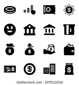 Solid vector icon set - coin vector, safe, dollar sun, smile, bank, atm, money bag, investment, wallet, check, building