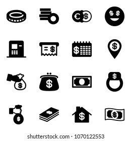 Solid vector icon set - coin vector, euro dollar, smile, atm, receipt, finance calendar, pin, encashment, purse, money, finger ring, rich, home