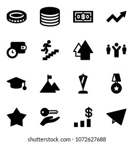 Solid vector icon set - coin vector, dollar, growth arrow, wallet time, career, up, team leader, graduate hat, mountain, pennant, star medal, key hand, chart, paper fly