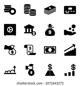 Solid vector icon set - coin vector, dollar, credit card, safe, account, money bag, cash pay, encashment, history, growth, rich, chart