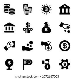 Solid vector icon set - coin vector, dollar sun, bank, money bag, investment, cash pay, encashment, tree, ipo, rich, managemet