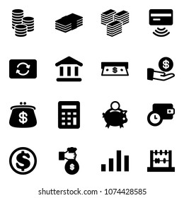 Solid vector icon set - coin vector, dollar, big cash, tap pay, card exchange, bank, investment, purse, calculator, piggy, wallet time, rich, chart, abacus