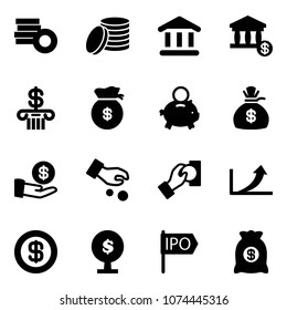 Solid vector icon set - coin vector, bank, account, money bag, piggy, investment, cash pay, growth arrow, dollar, tree, ipo