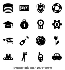 Solid vector icon set - coin vector, dollar, shield check, lifebuoy, graduate hat, gold medal, money managemet, helicopter, fizz opening, ball, tulip, conveyor, plumber, phone toy, car
