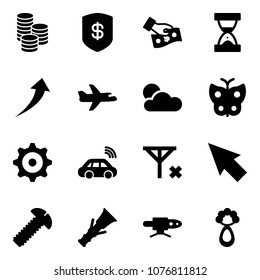 Solid vector icon set - coin vector, safe, cash pay, sand clock, growth, plane, butterfly, gear, car wireless, no signal, cursor, screw, dowel, pipe welding, beanbag