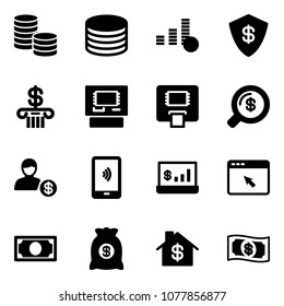 Solid vector icon set - coin vector, safe, bank, atm, money search, account, mobile payment, statistics, cursor browser, bag, home dollar