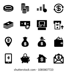Solid vector icon set - coin vector, dollar exchange, cash, atm, pin, money bag, wallet, mobile payment, piggy bank, home, mail