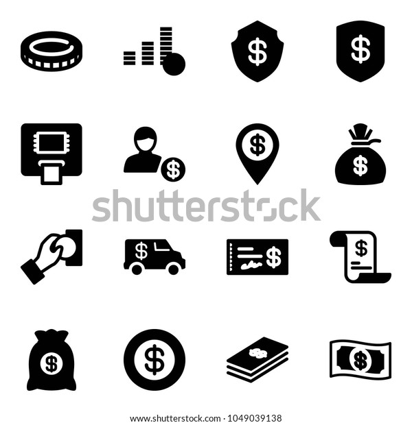 Solid\
vector icon set - coin vector, safe, atm, account, dollar pin,\
money bag, cash pay, encashment car, check,\
history