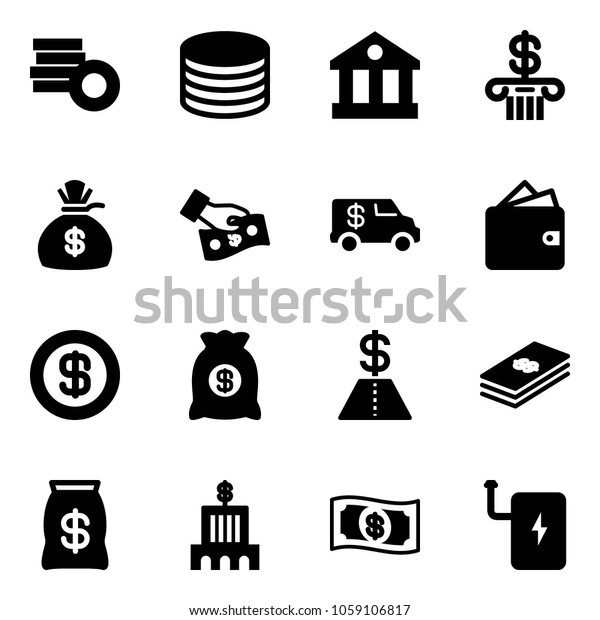 Solid
vector icon set - coin vector, bank, money bag, cash pay,
encashment car, wallet, dollar, building,
power