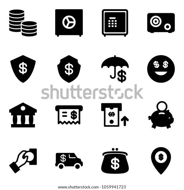 Solid vector icon set - coin vector, safe, insurance,\
dollar smile, bank, receipt, atm, piggy, cash pay, encashment car,\
purse, map pin
