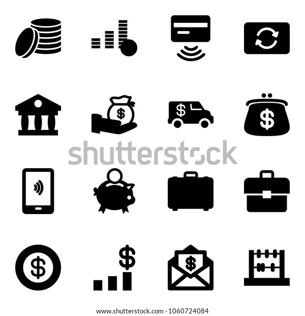 Solid vector icon\
set - coin vector, tap pay, card exchange, bank, investment,\
encashment car, purse, mobile payment, piggy, case, portfolio,\
dollar, chart, mail,\
abacus