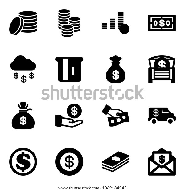 Solid vector\
icon set - coin vector, dollar, money rain, atm, bag, chest,\
investment, cash pay, encashment car,\
mail