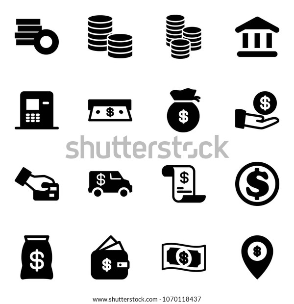 Solid vector icon set - coin\
vector, bank, atm, cash, money bag, investment, card pay,\
encashment car, account history, dollar, finance management, map\
pin