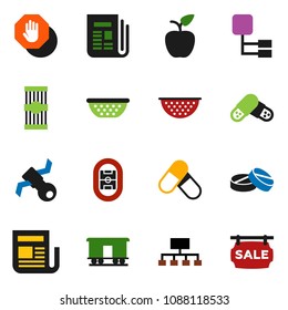solid vector icon set - colander vector, pasta, apple fruit, hierarchy, pills, stadium, satellite, Railway carriage, newspaper, stop, sale signboard