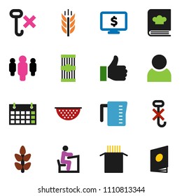 solid vector icon set - colander vector, measuring cup, cookbook, pasta, student, man, monitor dollar, calendar, cereals, no hook, finger up, user, catalog