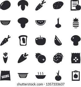 Solid vector icon set - colander flat vector, potato, tomato, lemon, onion, carrot, watermelon, mushroom, soup, garlic, cranberry, blackberry, pineapple, sandwich, seeds, diet