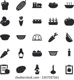 Solid vector icon set - colander flat vector, food processor, potato, ketchup, legumes, onion, salad, soup, carrot, garlic, bell pepper, tomato, cucumber, canape, seedlings, greenhouse, diet