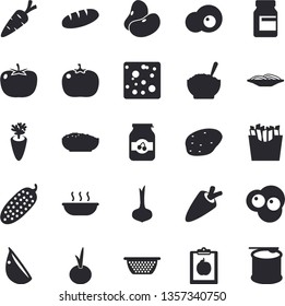 Solid vector icon set - colander flat vector, potato, tomato, legumes, onion, carrot, cheese, bread, spaghetti, soup, porridge, garlic, cucumber, French fries, scrambled eggs, jam, diet, vitamins