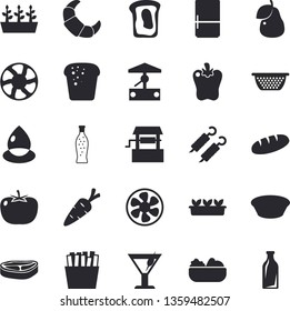 Solid vector icon set - colander flat vector, fridge, tomato, chop, croissant, bread, salad, soup, shashlik, bell pepper, French fries, lemonade, cocktail, pear, sandwich, well, carrot, seedlings