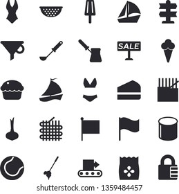 Solid Vector Icon Set - Colander Flat Vector, Ladle, Turk, Onion, Cupcake, Piece Of Cake, Ice Cream, Seeds, Conveyor, Fabric Manufacture, Pipe Production, Funnel, Flag, Sell Out, Sailboat, Swimsuit