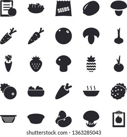 Solid vector icon set - colander flat vector, mushroom, legumes, lemon, onion, carrot, salad, soup, cranberry, Strawberry, blackberry, pineapple, orange, seeds, diet