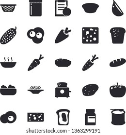 Solid vector icon set - colander flat vector, toaster, potato, tomato, carrot, cheese, bread, spaghetti, salad, soup, porridge, garlic, cucumber, scrambled eggs, jam, sandwich, diet, vitamins