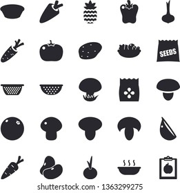 Solid vector icon set - colander flat vector, mushroom, potato, legumes, onion, carrot, salad, soup, garlic, bell pepper, tomato, pineapple, orange, seeds, diet