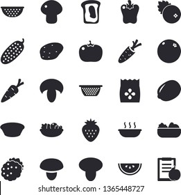 Solid vector icon set - colander flat vector, mushroom, potato, lemon, watermelon, salad, soup, bell pepper, tomato, cucumber, cranberry, Strawberry, blackberry, sandwich, orange, seeds, carrot