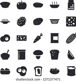 Solid vector icon set - colander flat vector, mushroom, potato, cheese, bread, spaghetti, salad, soup, porridge, garlic, tomato, cucumber, scrambled eggs, jam, blackberry, sandwich, carrot, vitamins