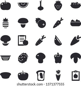 Solid vector icon set - colander flat vector, mushroom, tomato, onion, carrot, watermelon, salad, soup, garlic, bell pepper, cranberry, Strawberry, blackberry, pineapple, sandwich, diet
