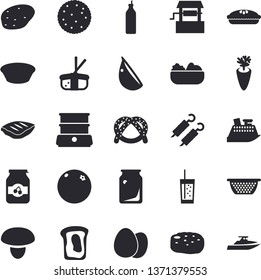 Solid vector icon set - colander flat vector, double boiler, egg, mushroom, potato, biscuit, bagel, salad, soup, pie, chop, shashlik, cutlet, carrot, garlic, sashimi, soda, jam, mustard, sandwich