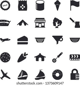 Solid Vector Icon Set - Colander Flat Vector, Kitchen Spoon, Turk, Carrot, Piece Of Cake, Donut, Ice Cream, Biscuit, Seeds, Tree, Conveyor, Pipe Production, Store Front, Funnel, Flag, Sell Out, Tent