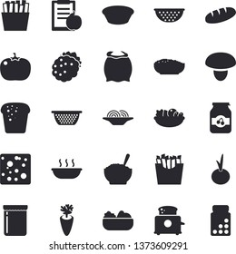 Solid vector icon set - colander flat vector, toaster, flour, mushroom, cheese, bread, spaghetti, salad, soup, porridge, carrot, onion, tomato, French fries, jam, blackberry, diet, vitamins