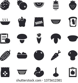 Solid vector icon set - colander flat vector, mushroom, legumes, onion, watermelon, salad, soup, carrot, bell pepper, cucumber, cranberry, Strawberry, blackberry, pineapple, sandwich, orange, seeds
