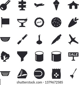 Solid vector icon set - colander flat vector, kitchen spatula, onion, carrot, ice cream, biscuit, seeds, tree, pipe production, funnel, flag, sell out, sailboat, pen, tennis ball, aircraft fector