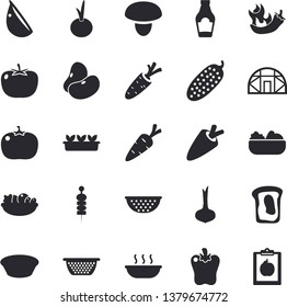 Solid vector icon set - colander flat vector, mushroom, tomato, ketchup, legumes, onion, carrot, salad, soup, garlic, bell pepper, hot peppers, cucumber, canape, sandwich, seedlings, greenhouse