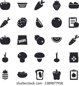 Solid vector icon set - colander flat vector, mushroom, tomato, onion, carrot, watermelon, salad, garlic, bell pepper, cranberry, Strawberry, blackberry, pineapple, sandwich, orange, seeds, diet