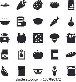 Solid vector icon set - colander flat vector, toaster, flour, mushroom, tomato, carrot, cheese, bread, spaghetti, salad, soup, garlic, onion, French fries, jam, blackberry, diet, vitamins, proteins