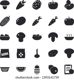 Solid vector icon set - colander flat vector, mushroom, potato, tomato, legumes, lemon, onion, carrot, watermelon, salad, soup, cucumber, cranberry, blackberry, pineapple, seeds, diet