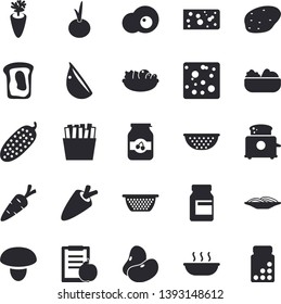 Solid vector icon set - colander flat vector, toaster, mushroom, potato, legumes, carrot, cheese, spaghetti, salad, soup, garlic, onion, cucumber, French fries, scrambled eggs, jam, sandwich, diet