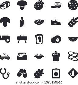 Solid vector icon set - colander flat vector, mushroom, spaghetti, chop, cutlet, bell pepper, sashimi, scrambled eggs, blackberry, sandwich, pool, glass bottles, pills, stethoscope, ambulance, ear