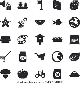 Solid vector icon set - colander flat vector, groats, mushroom, tomato, fish, jam, blackberry, seeds, fertilizer vectory, nesting box, tractor, hose, rake, irrigation, garden wheelbarrow, seedlings