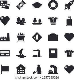 Solid vector icon set - color scheme flat vector, barbecue, spaghetti, factory, forest, manufactory, credit card, flag, heart, hospital, clircle diagram, rocket, notebook, sport T shirt, hike fector